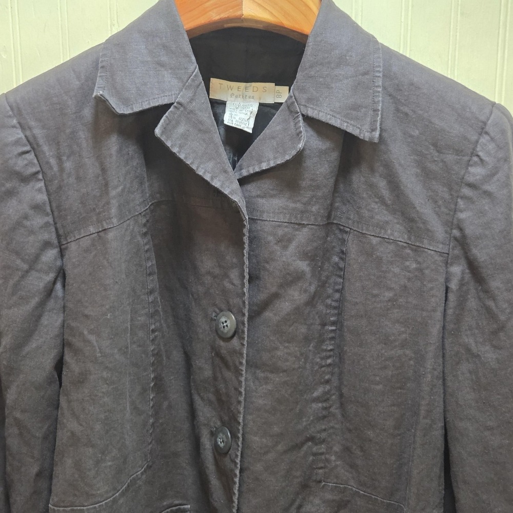 Tweeds Blazer Womens Petite 8P Gray Linen Button Front Collared Pockets Casual